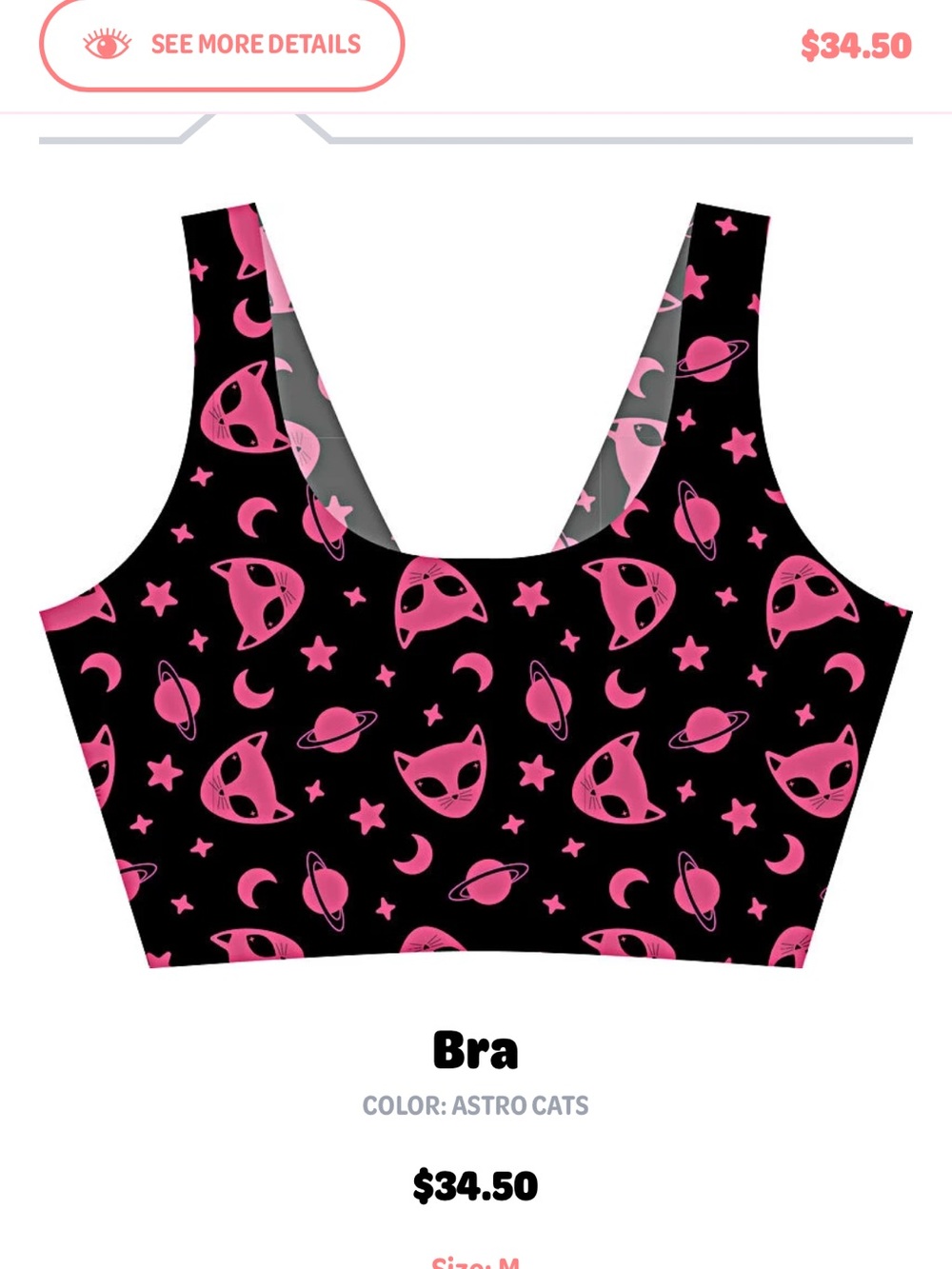 Astro Cats Pink & Black women”s Bralette crop top in Medium (runs like S/XS) NWT